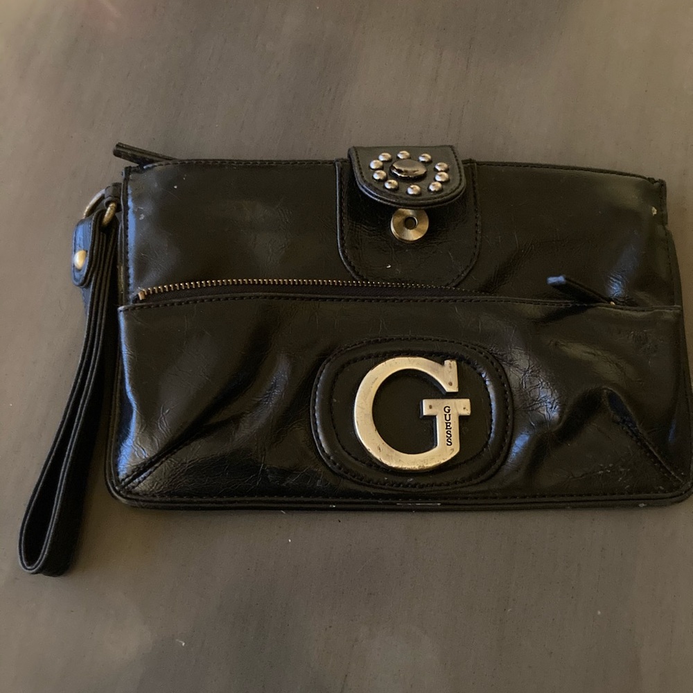 Black leather guess clutch/wristlet